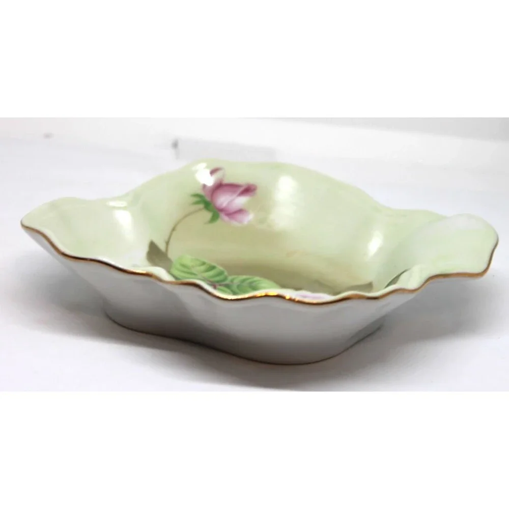 Lefton Bone China Heritage Green Cabbage Rose 1860 Candy Trinket Dish 05862